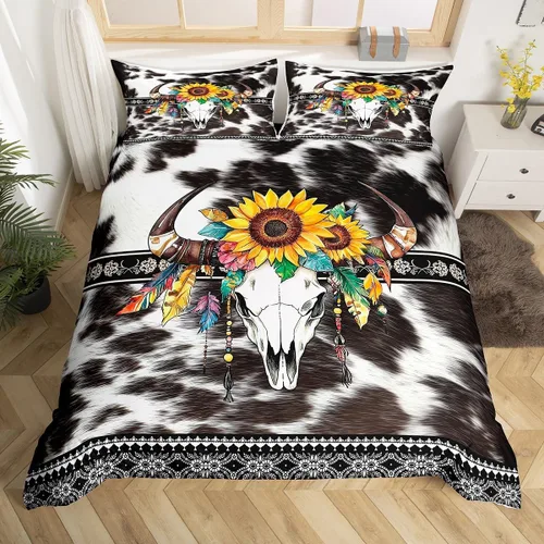 Vista 38 de Erosebridal Funda de edredón de piel de vaca marrón con estampado de vaca de las tierras altas, juego de ropa de cama occidental exótico azteca