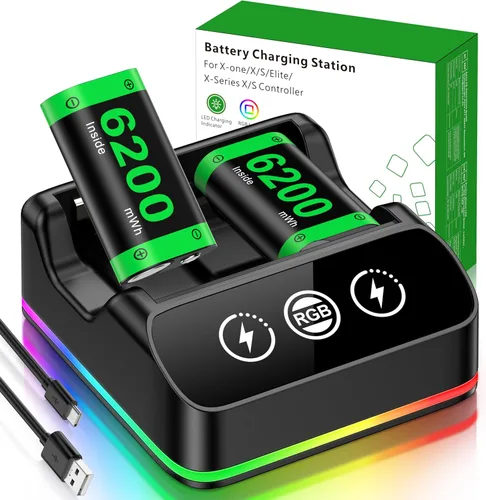 DINOSTRIKE Paquete de 2 baterías de controlador de 6200 mWh, recargables compatibles con Xbox One, estación de carga RGB, cable USB C extendido,