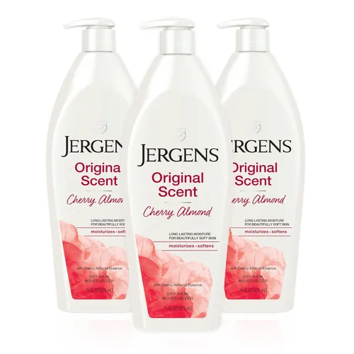 Jergens Original Scent Dry Skin Loción corporal, humectante para manos y cuerpo, esencia de almendra y cereza, probada por dermatólogos, 21 onzas,