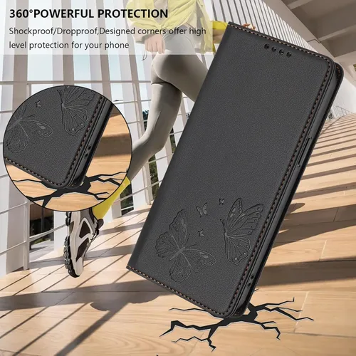 Vista 5 de Wallet Case for Motorola Moto E22 2022 PU Leather & TPU Magnetic Flip Cover with RFID Blocking, 2 Card Slots & Cash Pocket, Shockproof Bumper, Black