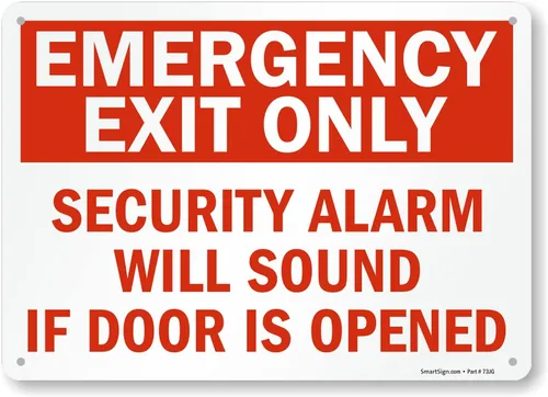 Vista 14 de SmartSign Letrero de metal con texto en inglés «Emergency Exit Only – Security Alarm Will Sound If Door Is Opened», aluminio de 63 mil
