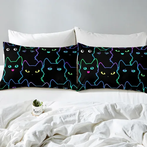 Vista 4 de Erosebridal Sábanas de Cama para Niños de Gato Lindo Tamaño Twin Línea de Arcoíris Neón Sábana Ajustable de Gato con Bolsillo Profundo para Niñas