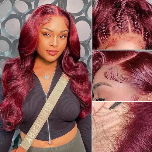 Vista 13 de Pelucas de cabello humano con encaje frontal color borgoña 99j de 13 x 6, densidad del 200 %, pelucas de encaje frontal HD 99j de color rojo