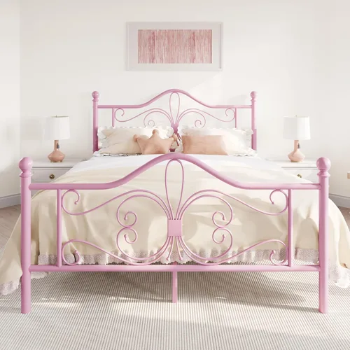 Vista 9 de SHA CERLIN Estructura de cama de tamaño individual para niños, estructura de cama de metal con cabecero y pie de cama con diseño