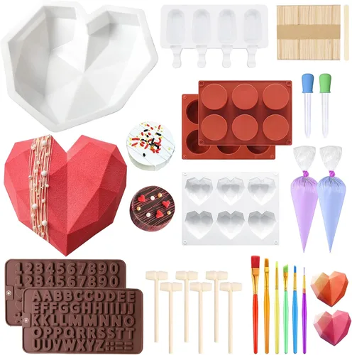 Vista 9 de Juego de moldes de chocolate, moldes de corazón de chocolate, molde de corazón rompible con martillo, moldes de números y letras para decoración