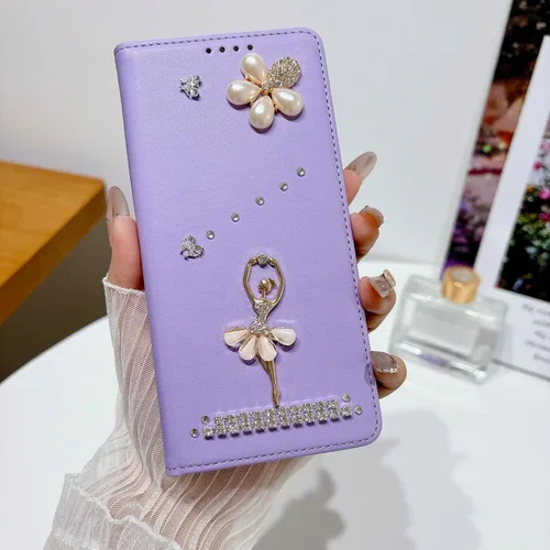 Vista 2 de Wallet Case for Motorola Moto E22 4G / E22i 4G,Glitter Pearl Flower Ballerina Flip Case Card Slots Stand RFID Blocking PU Leather Magnetic