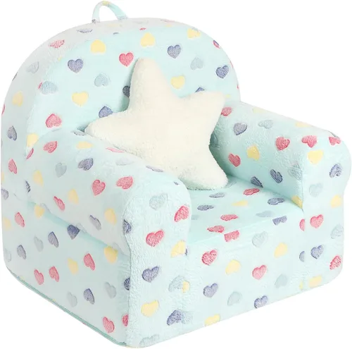MOMCAYWEX Sofá infantil de corazón colorido con cojín decorativo de estrella, silla de respaldo alto que brilla en la oscuridad para niños y niñas,