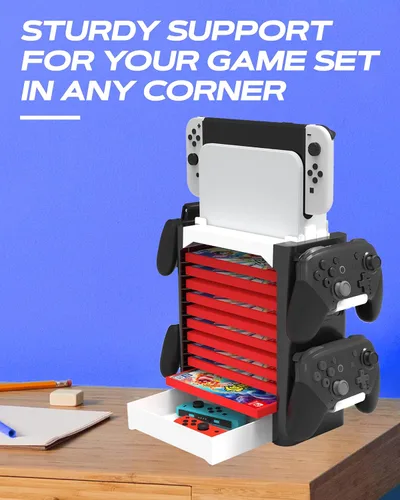 Vista 3 de Skywin Game Storage Tower Compatible With Nintendo Switch (White) - Game Holder Game Disk Rack and Controller Organizer
