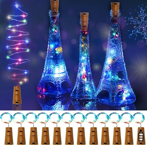 Vista 8 de SmilingTown 12 paquetes de 20 luces LED para botellas de vino con corcho - Cadena de luces de hadas de alambre plateado, luces de corcho operadas