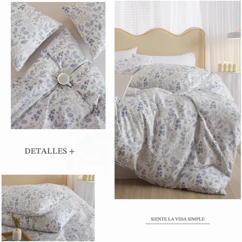 Vista 4 de Juego de funda de edredón blanca con estampado floral azul, juego de ropa de cama de algodón suave estilo bohemio, juego de ropa de cama estética A