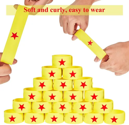 Vista 2 de WILLBOND 24 pulseras de palmadas amarillas con estrella roja para fiesta de cumpleaños de niñas, suministros de equipo de niñas, regalos de poder