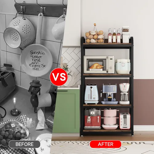 Vista 6 de Soporte para microondas de 4 niveles, estantes grandes para cocinas, estante de altura ajustable, barra de café para sala de estar, marrón rústico