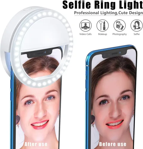 Vista 4 de Meifigno Anillo de luz para selfie, [recargable] con 36 luces LED, 3 niveles de brillo ajustable con clips de brillo en el teléfono, anillo de luz