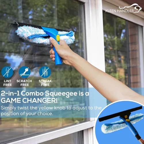 Vista 7 de Kleen Handler Juego de escobilla profesional 2 en 1 para limpieza de ventanas, escobilla de goma de 14 pulgadas y funda de microfibra, kit