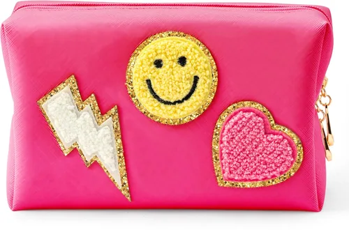 Vista 15 de LieToi - Bolsa de aseo pequeña con parche preparado, sonrisa, relámpago, corazón, arcoíris, de piel sintética, bolsa de maquillaje impermeable Azul