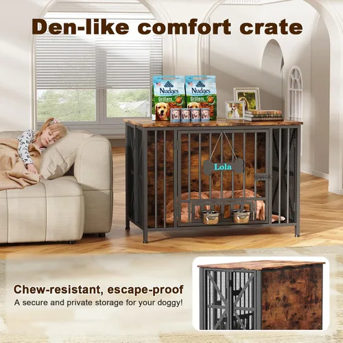 Vista 3 de EasyCom Muebles de Jaula Plegable Grande para Perros, 41.3" Jaulas Sin Montaje para Perros Grandes, Perrera de Madera para Interiores con Etiqueta