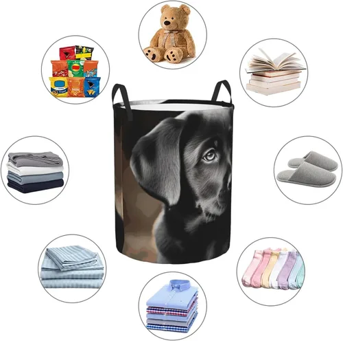 Vista 6 de Black Labrador Puppy print Circular Hamper Waterproof Storage Bin Organizer Basket Laundry Hamper With Handles For Clothes Toys Small