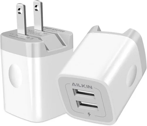Cargador de pared USB, adaptador de cargador plegable, AILKIN 2 unidades de 2.4 amperios de doble puerto de cargador rápido, cubo de enchufe de CA