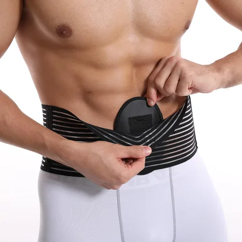 Vista 4 de Cinturón de hernia umbilical para hombres y mujeres. Abdominal Binder - almohadilla de compresión para naval (doble grosor). Cinturón de soporte