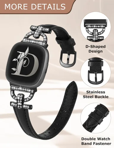 Vista 4 de Minyee Correas de cuero compatibles con Fitbit Versa 4/Versa 3/Sense 2/Sense Band para mujer, correa de cuero delgada elegante con diamantes