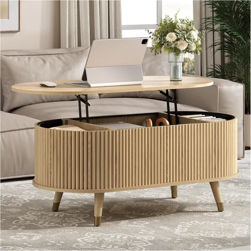 Vista 10 de Mesa auxiliar ovalada con almacenamiento, mesa de centro acanalada de 42.5 pulgadas con parte superior de elevación y patas de madera maciza, mesa