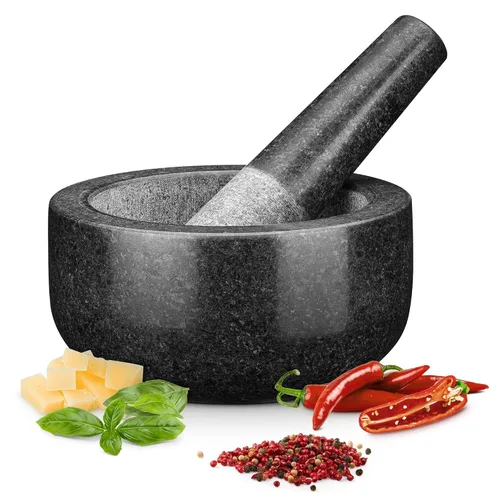 H&S Juego de mortero y mortero – Cuenco grande de piedra de granito sólido de primera calidad – 6.3 in (6.3 pulgadas) – Molcajete, trituradora de