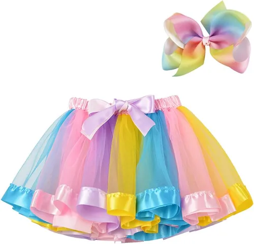 Vista 6 de BGFKS Falda tutú de tul de ballet en capas para niñas pequeñas con lazos coloridos para el cabello Azul