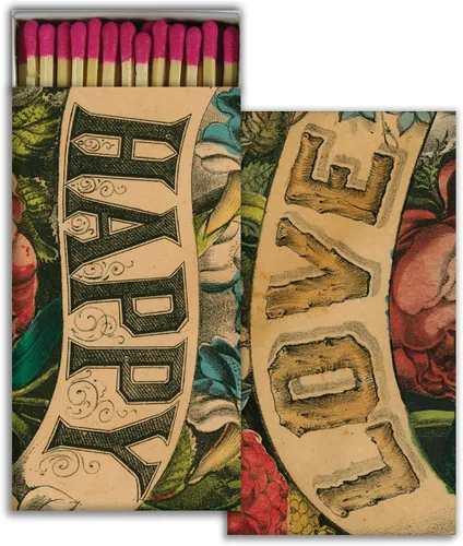 Happy Love - Caja decorativa con fósforos de madera, ideal para encender velas, chimeneas, parrillas y más | Una caja