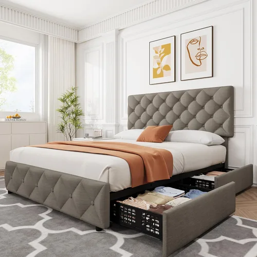 Vista 12 de IDEALHOUSE - Base de cama tamaño matrimonial con 4 cajones de almacenamiento y cabecera ajustable, camas con plataforma tapizada en lino, botones