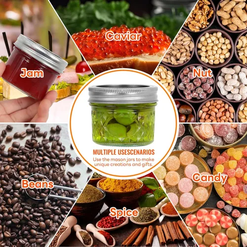 Vista 5 de Mini tarros Mason de 4 onzas, paquete de 40 unidades, tarro Mason de boca regular con tapas y bandas de sellado, pequeño tarro de vidrio