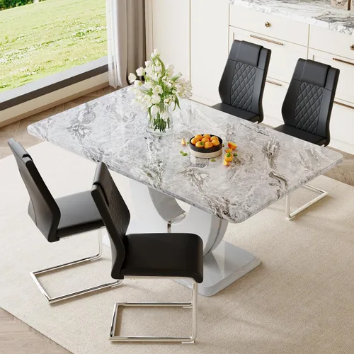 Vista 33 de JUFU Juego de mesa de comedor moderno para 4, juego de mesa de cocina rectangular de 63 pulgadas con mesa de mármol sintético y 4 sillas tapizadas
