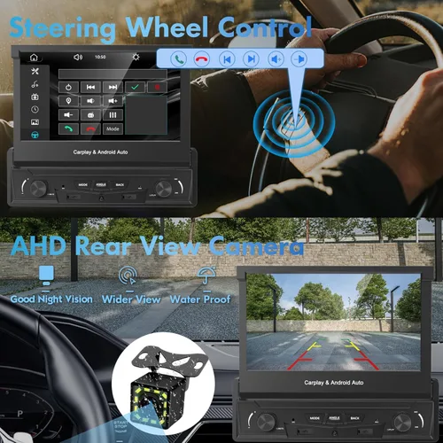 Vista 4 de [Motorizado] Y-METDRIVING estéreo de coche de un solo DIN de 7 pulgadas con pantalla táctil abatible con Apple Carplay inalámbrico y Android Auto