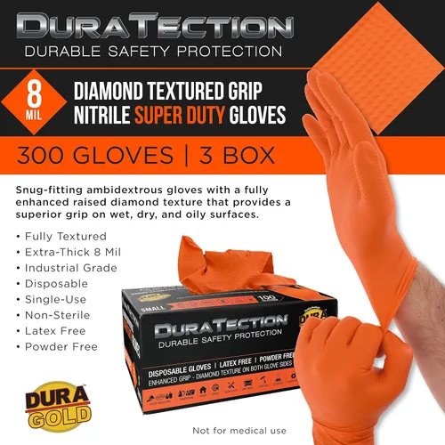 Vista 2 de Dura-Gold Duratection - Guantes desechables de nitrilo con textura de diamante de 8 mil, color naranja, 3 cajas de 100, pequeños, sin látex, sin