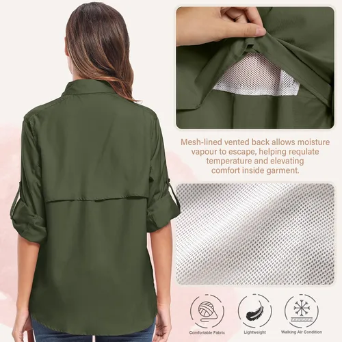 Vista 4 de Camisas de manga larga para mujer secado rápido protección UV convertibles para senderismo campamento pesca navegación