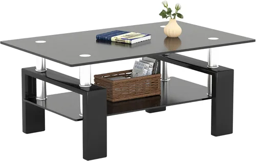 Mesa de centro de vidrio rectangular Meihua de 2 niveles, mesa de té moderna, mesa auxiliar de café para sala de estar (todo negro)