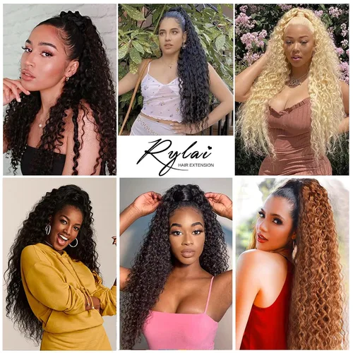Vista 2 de Extensiones de pelo de cola de caballo negro rizado con cordón de extensión de pelo humano con sensación larga de 24 pulgadas con clip, extensiones