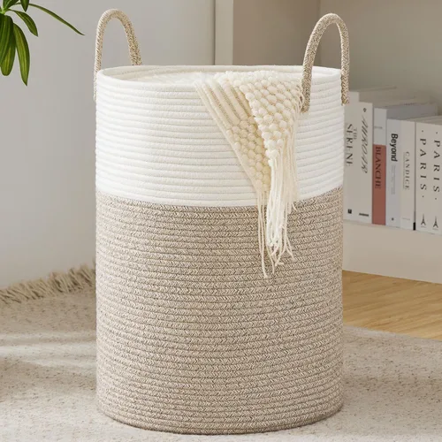 Vista 13 de Cesta de Cuerda de Algodón para Ropa Sucia de YOUDENOVA, 58L - Cesta de Lavandería Tejida Plegable - Cesta de Almacenamiento de Ropa para Mantas