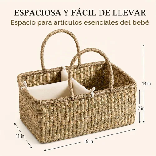 Vista 3 de Organizador de pañales de mimbre para bebé, cesta tejida de hierba marina con asas, cesta de pañales con divisores (rectangular)