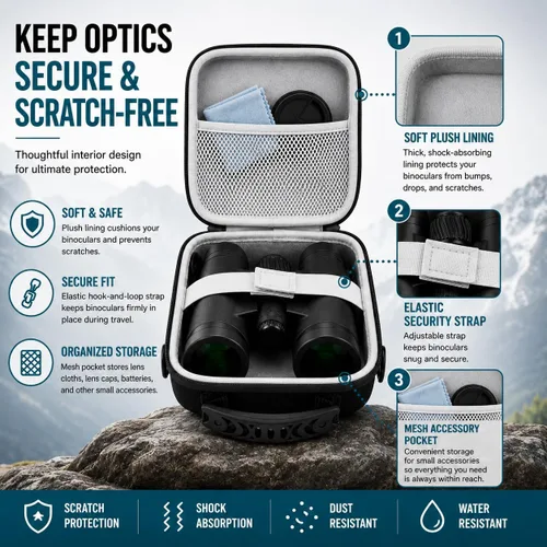 Vista 5 de Estuche para binoculares, funda protectora rígida de EVA con exterior resistente al agua, asa de transporte y correa para el hombro, se adapta a
