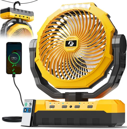 Vista 7 de FRIZCOL Ventilador de camping 3 en 1 - Ventiladores portátiles recargables - Ventilador con batería de alta capacidad (60 horas) con luz y control