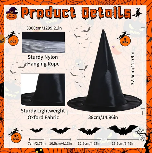 Vista 2 de H-Style Decoraciones de Halloween para interiores y exteriores – 8 sombreros de bruja y 32 piezas de decoración de murciélagos 3D, sombrero