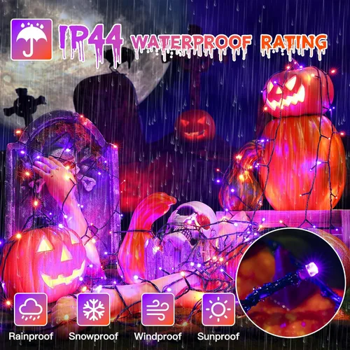 Vista 6 de Guhope 200 luces LED de Halloween de 66 pies, luces de Halloween naranjas y moradas para exteriores con 8 modos de iluminación, tira de luces