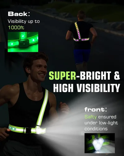 Vista 4 de Zacro Chaleco reflectante para correr con 9 modos RGB, luz de pecho de alta visibilidad de 500LM para corredores, equipo de correr recargable