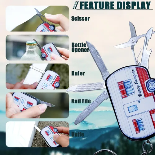 Vista 3 de Multiherramienta 5 en 1, multiherramienta de acero inoxidable con cuchillo de bolsillo, tijeras, abridor de botellas, lima de uñas, regla, mini