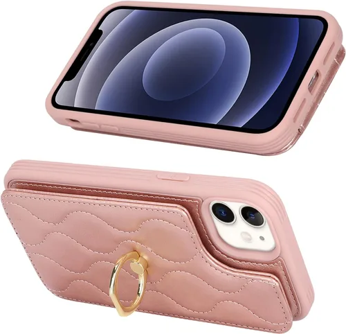 Vista 3 de Lipvina Funda para iPhone 12 Mini con tarjetero, soporte para tarjeta de crédito, soporte de anillo de soporte y bloqueo RFID, funda de piel