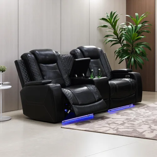 Vista 65 de Juego de sofá reclinable eléctrico de cuero con LED, juegos de muebles de sala de estar, 2 piezas sofás reclinables, juego de sofá reclinable