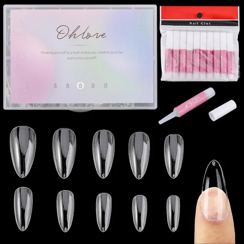 Vista 8 de 500 puntas de uñas postizas medianas de almendra de cobertura completa, uñas acrílicas transparentes a presión para arte de uñas, 10 tamaños