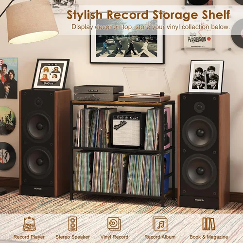 Vista 4 de Sonyabecca Soporte para tocadiscos con 4 divisores ajustables, almacenamiento de discos de vinilo hasta 350 álbumes, soporte de almacenamiento