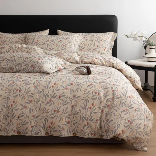 Vista 2 de Juego de funda de edredón de lino de algodón, tamaño individual, juego de ropa de cama con estampado botánico, 3 piezas, funda de edredón suave