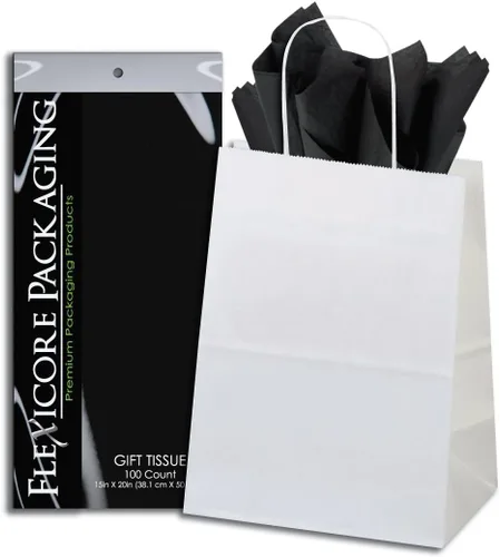 Flexicore Packaging Bolsas de regalo de papel kraft blanco y papel de seda de papel de regalo negro. Tamaño: 8 pulgadas x 4.75 pulgadas x 10.5